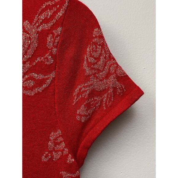 T/O Sweater Dress Womens Medium Metallic Red‎ Gold Floral Drop Waist Knit - Picture 6 of 9